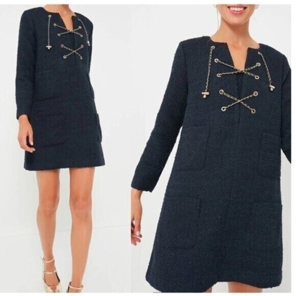 Tuckernuck Navy Tie Tweed Kelly Dress S Gold Chain Lace Up Shift Preppy Mini NWT